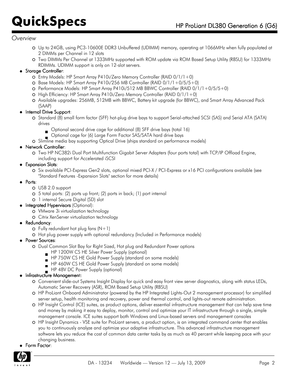 Quickspecs | HP ProLiatn Generation 6 DL380 User Manual | Page 2 / 51