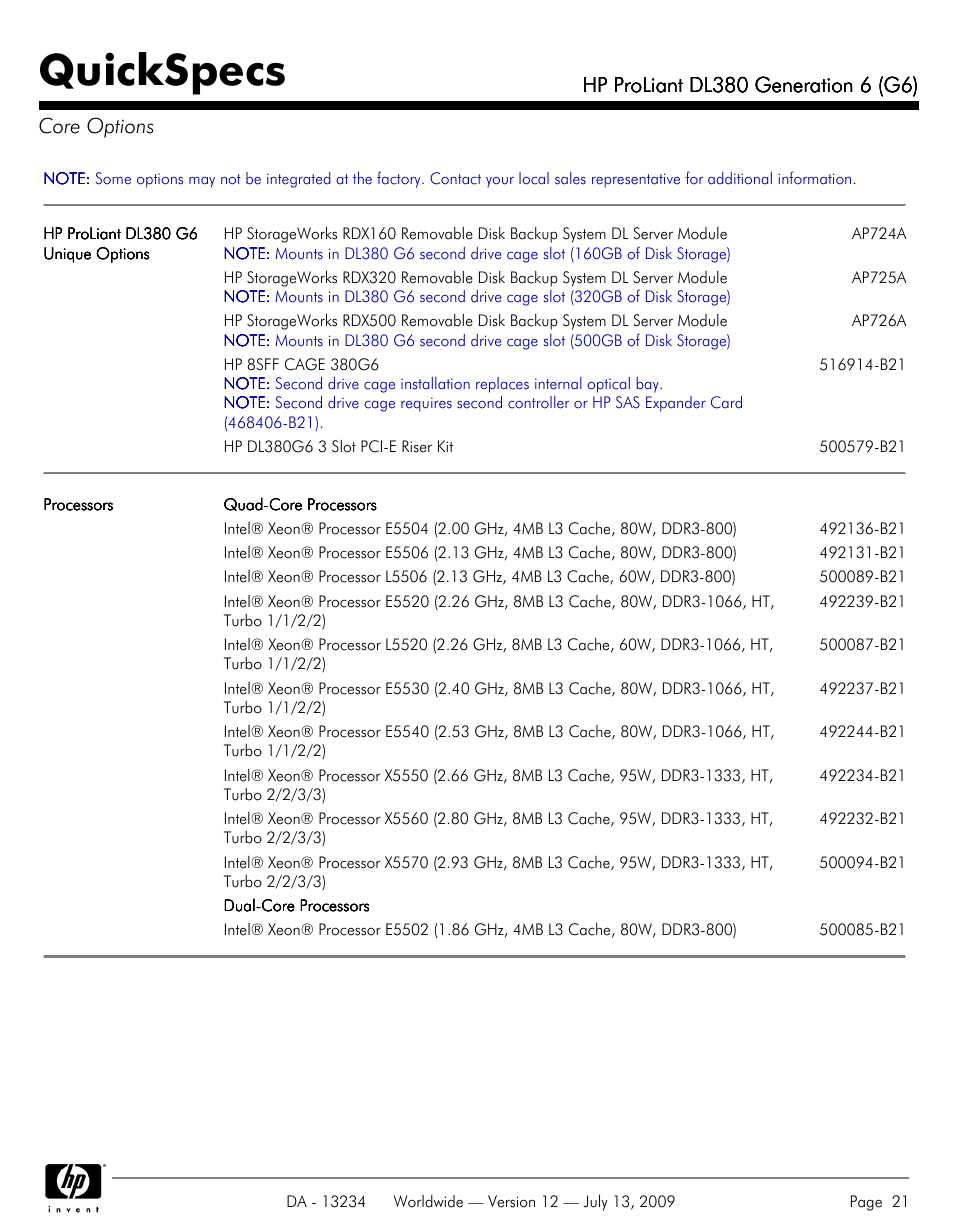 Core options, Quickspecs | HP ProLiatn Generation 6 DL380 User Manual | Page 21 / 51