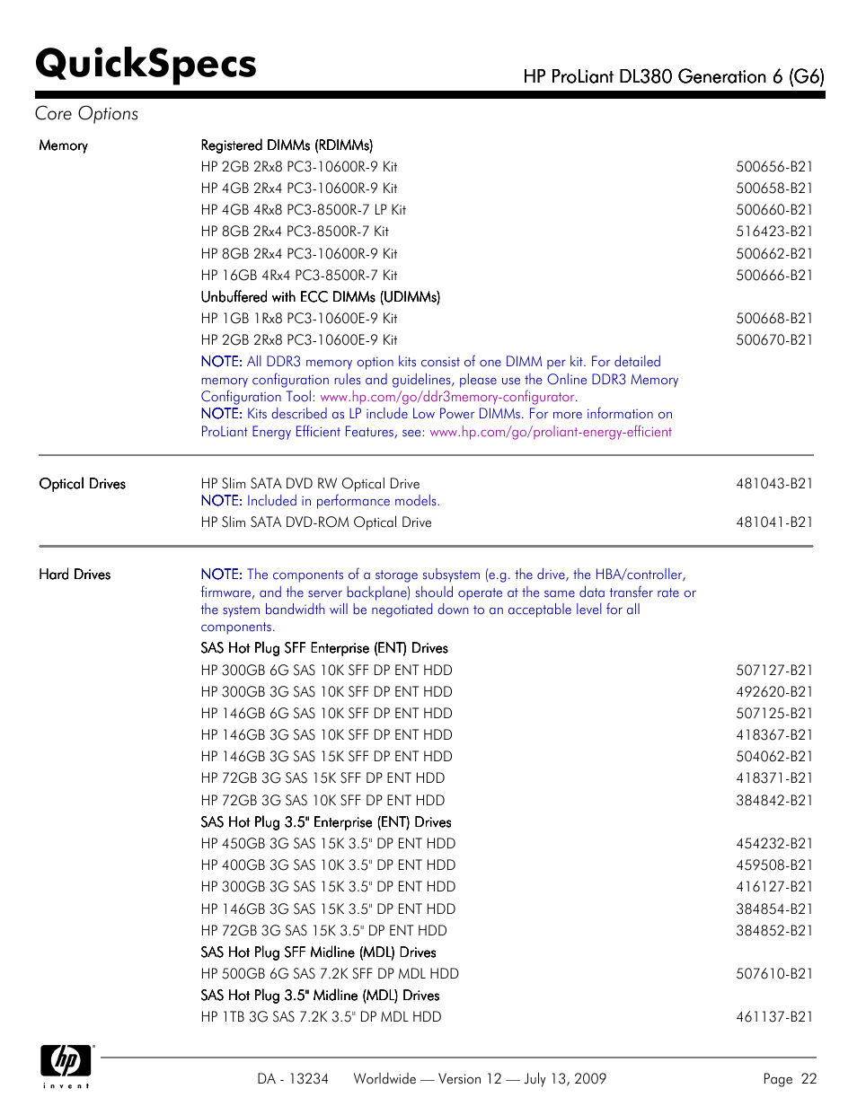 Quickspecs | HP ProLiatn Generation 6 DL380 User Manual | Page 22 / 51