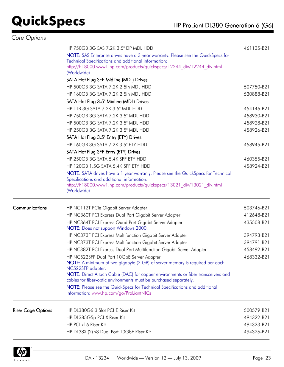 Quickspecs | HP ProLiatn Generation 6 DL380 User Manual | Page 23 / 51
