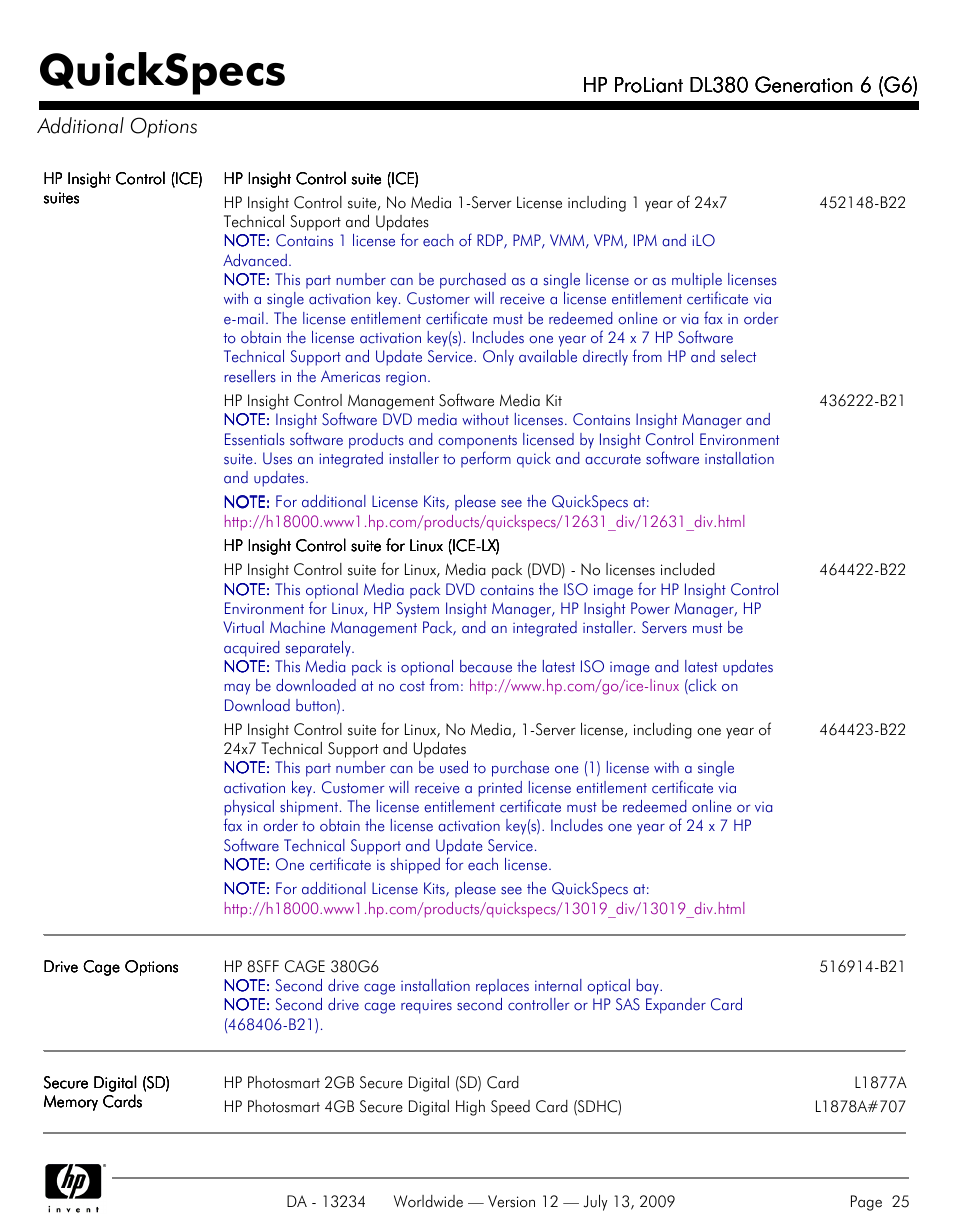 Additional options, Quickspecs | HP ProLiatn Generation 6 DL380 User Manual | Page 25 / 51