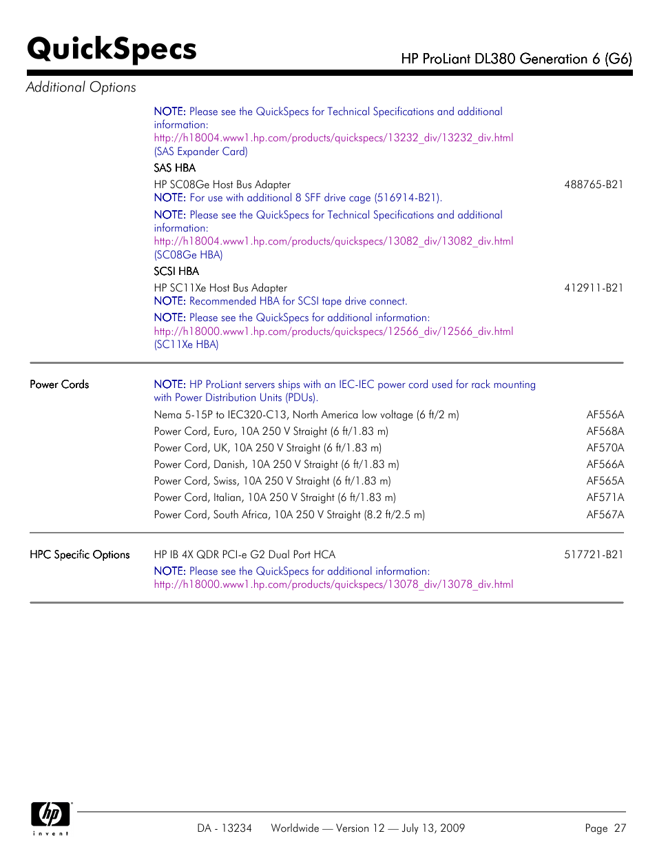 Quickspecs | HP ProLiatn Generation 6 DL380 User Manual | Page 27 / 51