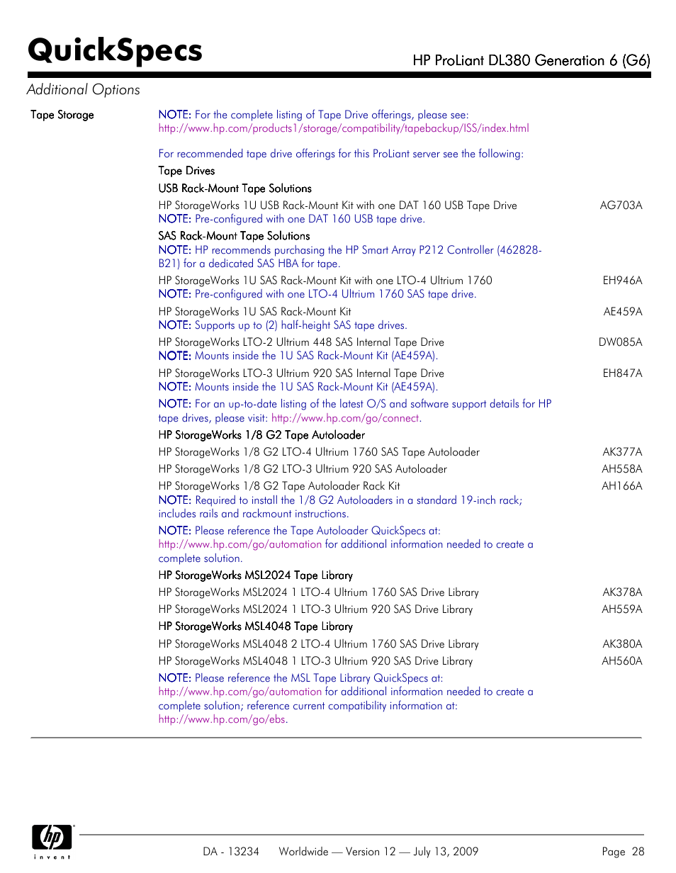 Quickspecs | HP ProLiatn Generation 6 DL380 User Manual | Page 28 / 51