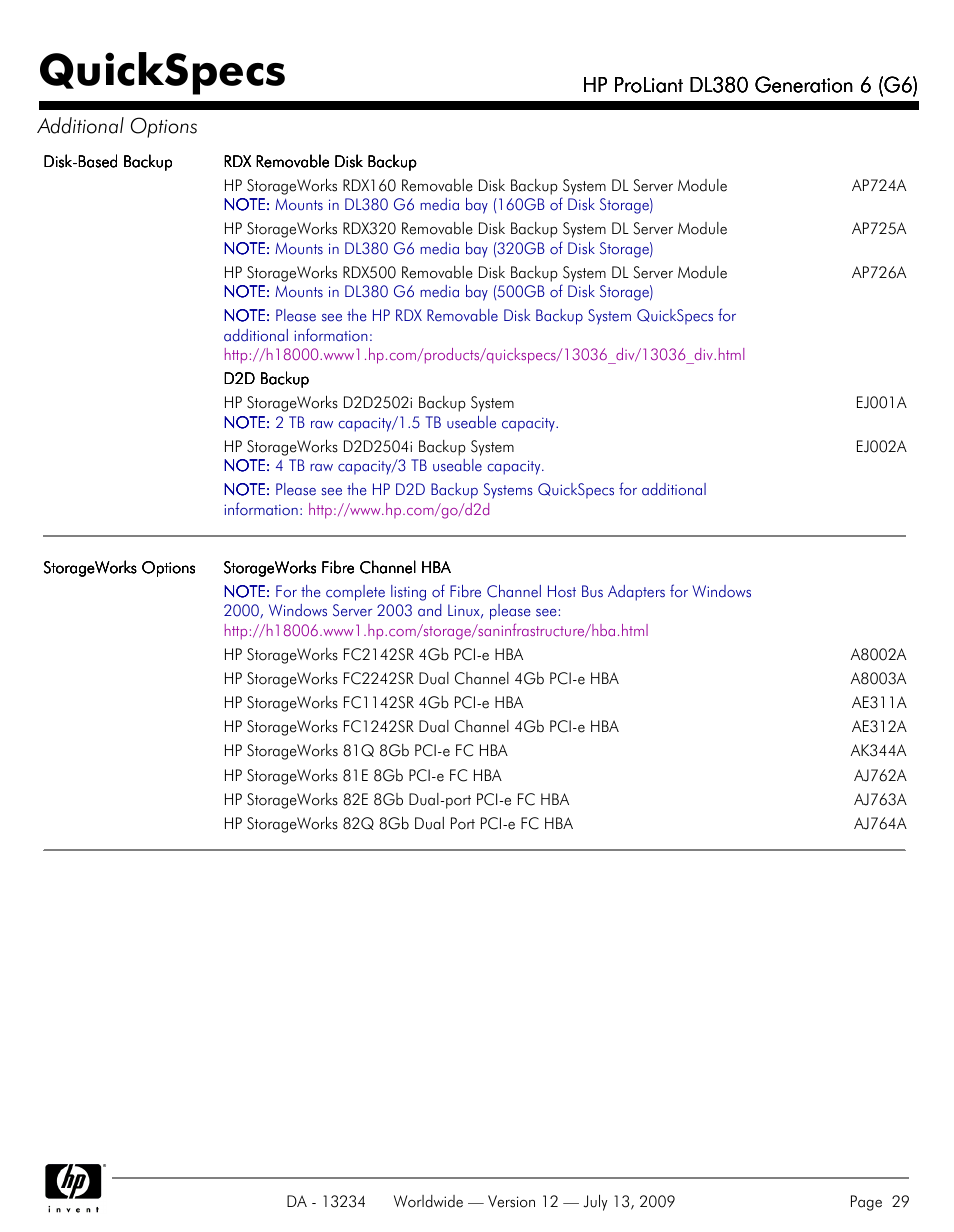 Quickspecs | HP ProLiatn Generation 6 DL380 User Manual | Page 29 / 51
