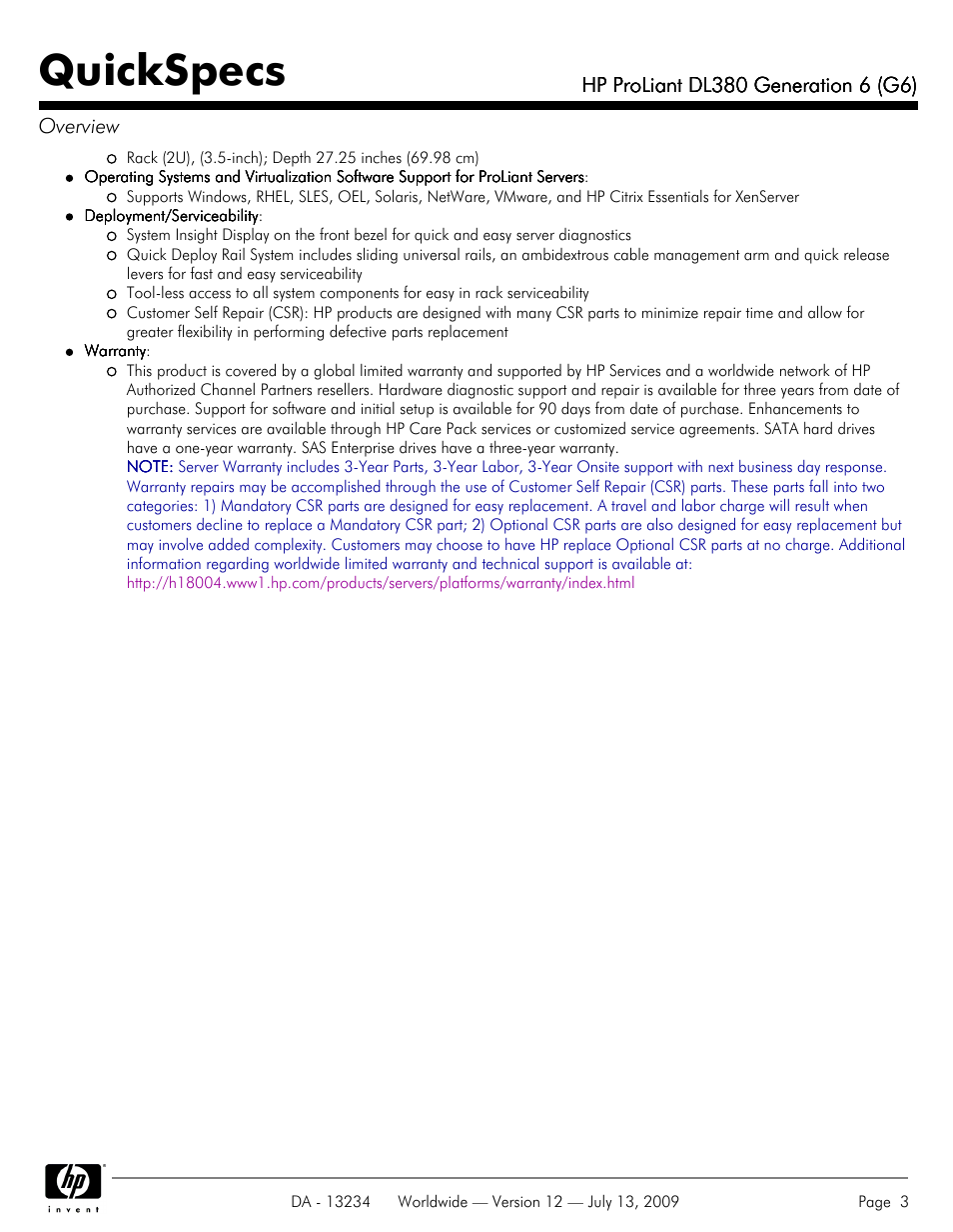 Quickspecs | HP ProLiatn Generation 6 DL380 User Manual | Page 3 / 51