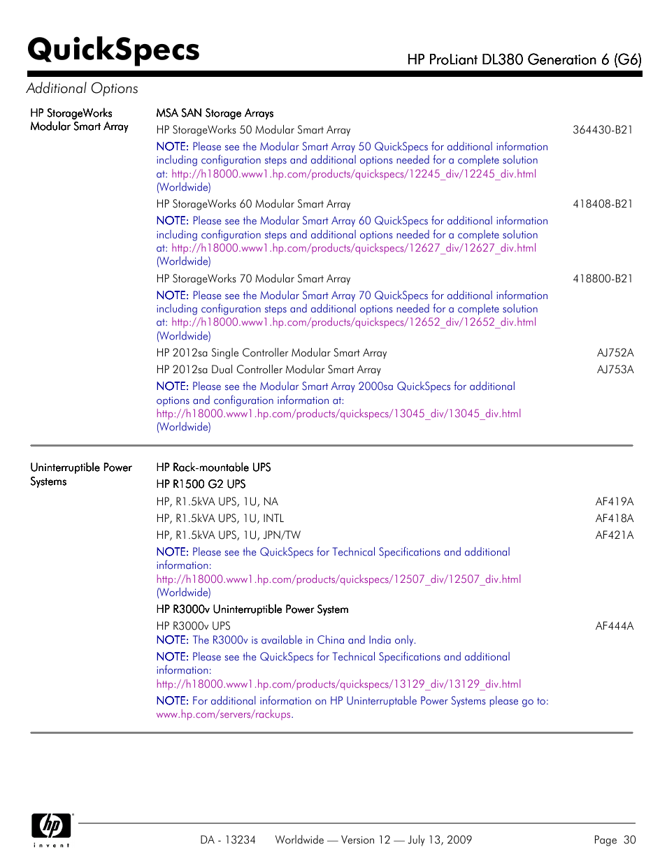 Quickspecs | HP ProLiatn Generation 6 DL380 User Manual | Page 30 / 51