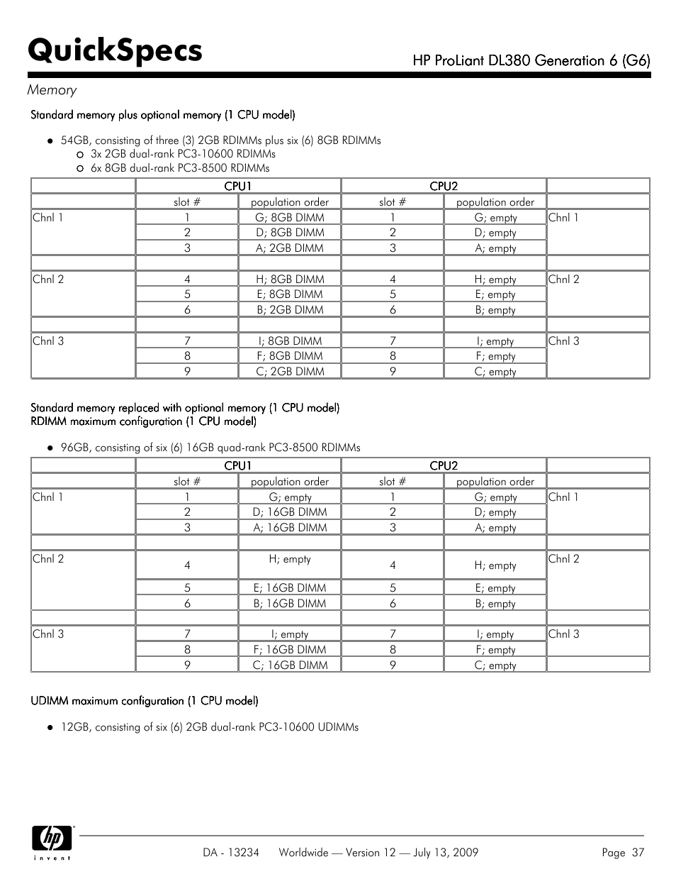 Quickspecs | HP ProLiatn Generation 6 DL380 User Manual | Page 37 / 51