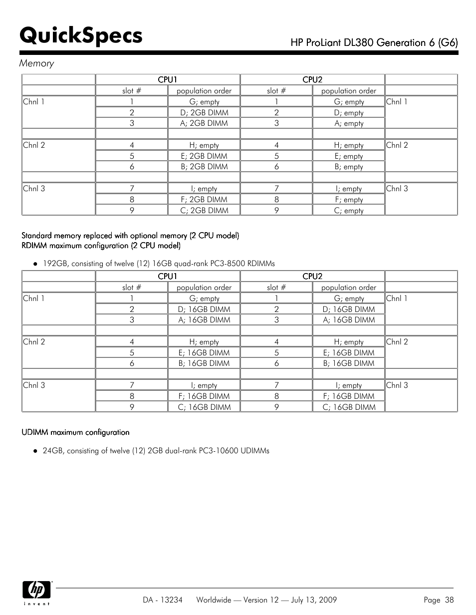 Quickspecs | HP ProLiatn Generation 6 DL380 User Manual | Page 38 / 51