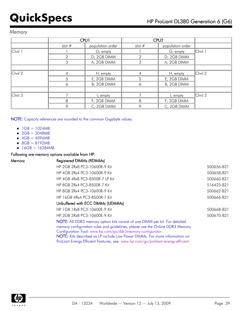 Quickspecs | HP ProLiatn Generation 6 DL380 User Manual | Page 39 / 51