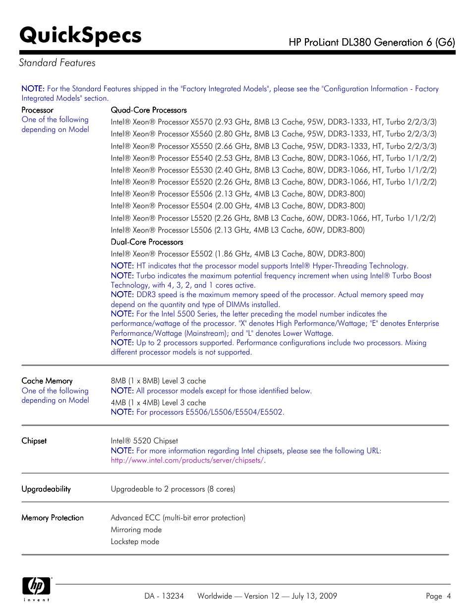 Standard features, Quickspecs | HP ProLiatn Generation 6 DL380 User Manual | Page 4 / 51