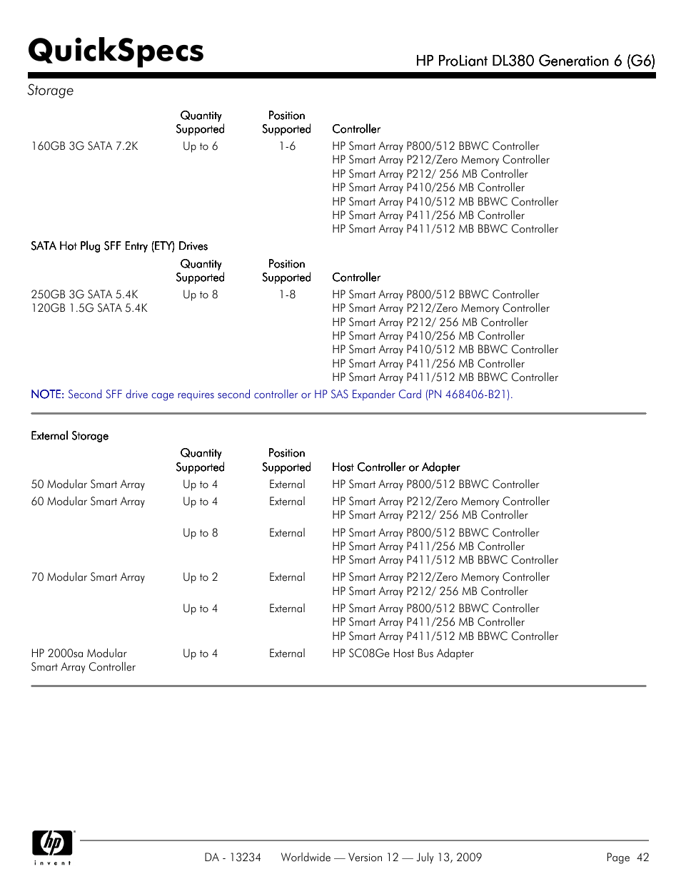Quickspecs | HP ProLiatn Generation 6 DL380 User Manual | Page 42 / 51
