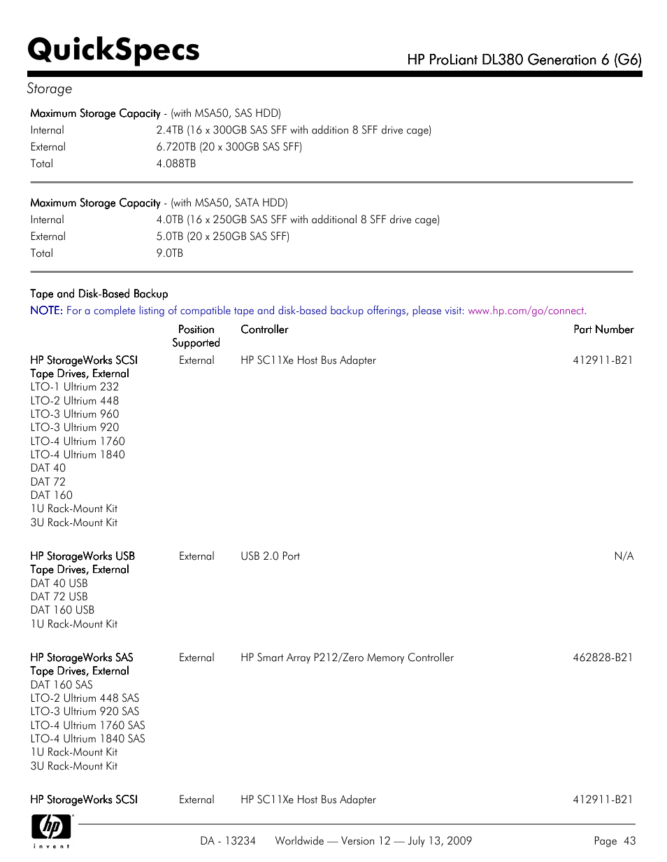 Quickspecs | HP ProLiatn Generation 6 DL380 User Manual | Page 43 / 51