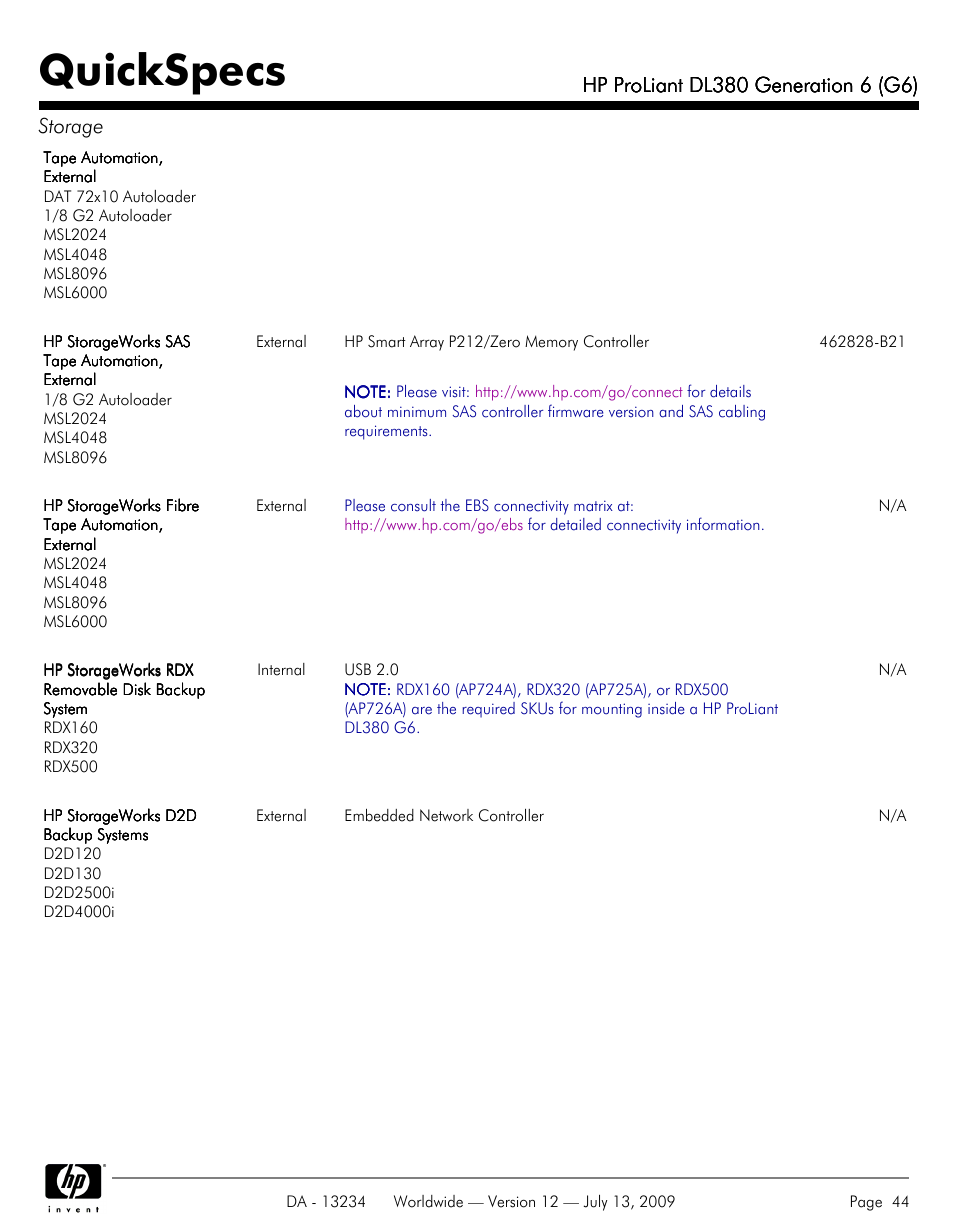 Quickspecs | HP ProLiatn Generation 6 DL380 User Manual | Page 44 / 51