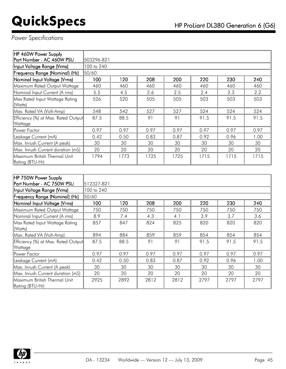 Power specifications, Quickspecs | HP ProLiatn Generation 6 DL380 User Manual | Page 45 / 51