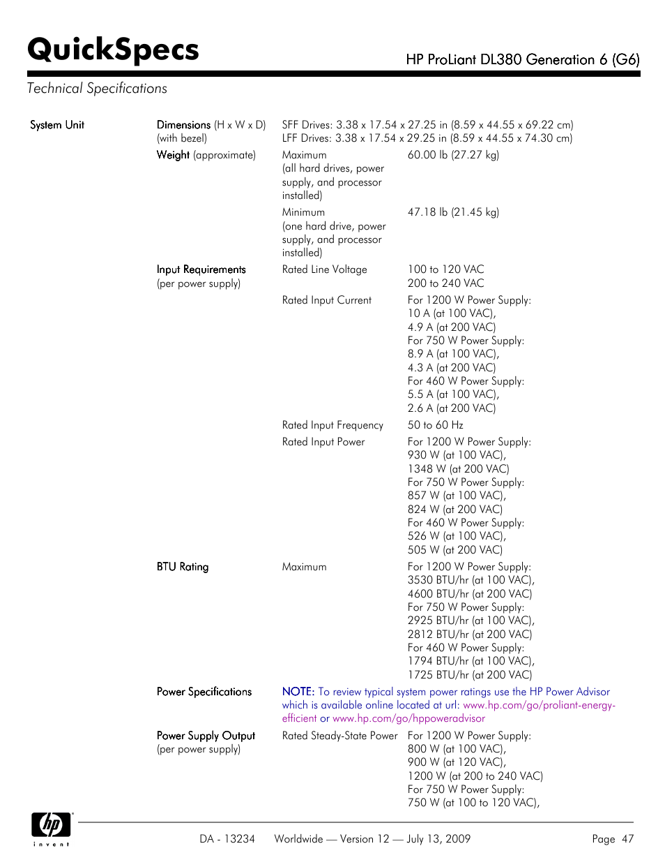 Technical specifications, Quickspecs | HP ProLiatn Generation 6 DL380 User Manual | Page 47 / 51