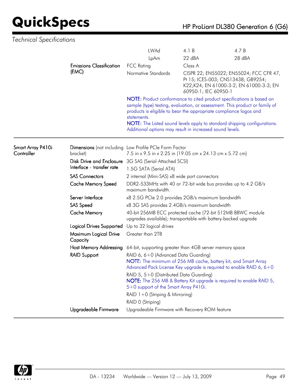 Quickspecs | HP ProLiatn Generation 6 DL380 User Manual | Page 49 / 51