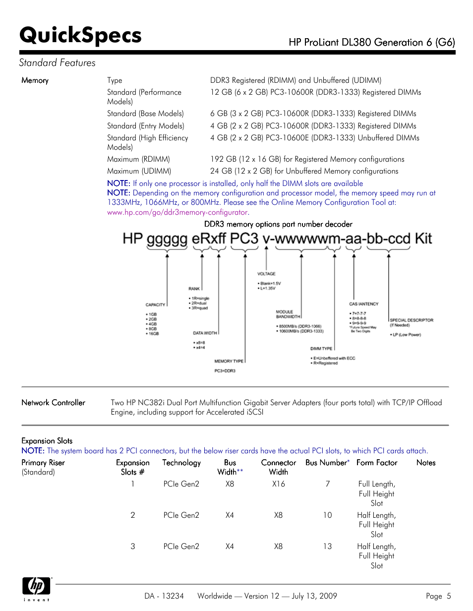 Quickspecs | HP ProLiatn Generation 6 DL380 User Manual | Page 5 / 51