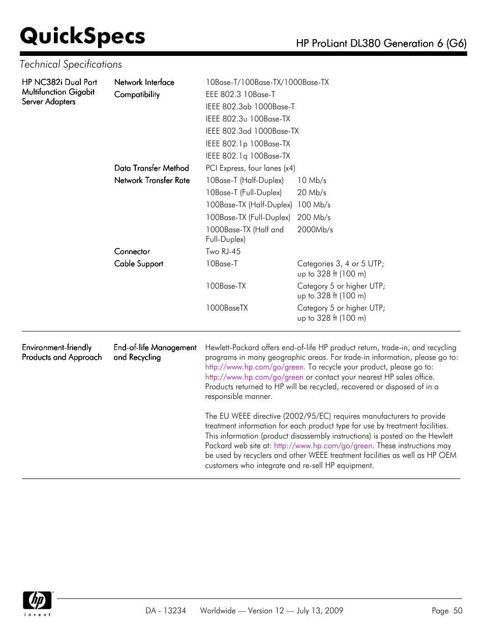 Quickspecs | HP ProLiatn Generation 6 DL380 User Manual | Page 50 / 51