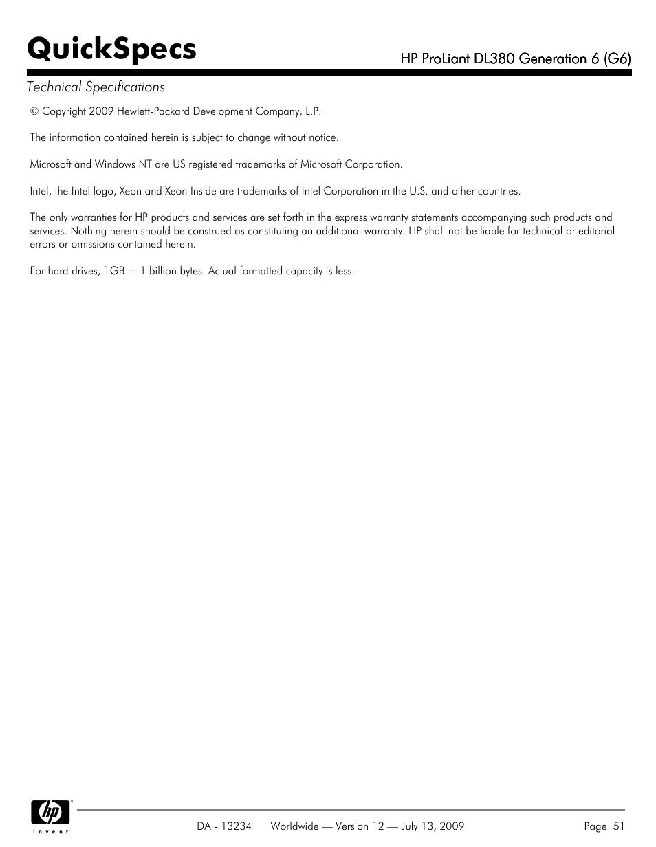 Quickspecs | HP ProLiatn Generation 6 DL380 User Manual | Page 51 / 51