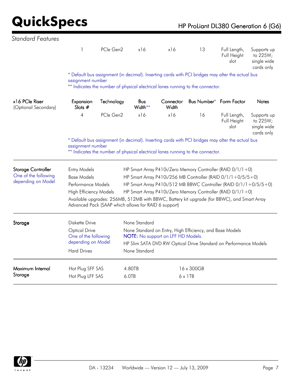 Quickspecs | HP ProLiatn Generation 6 DL380 User Manual | Page 7 / 51