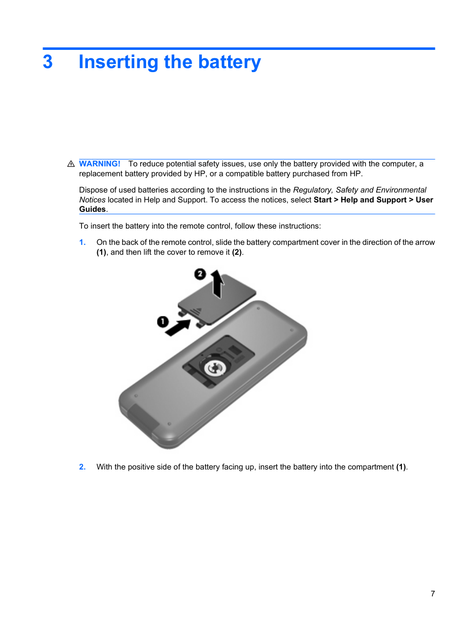 Inserting the battery, 3 inserting the battery, 3inserting the battery | HP Media Remote Control User Manual | Page 11 / 15