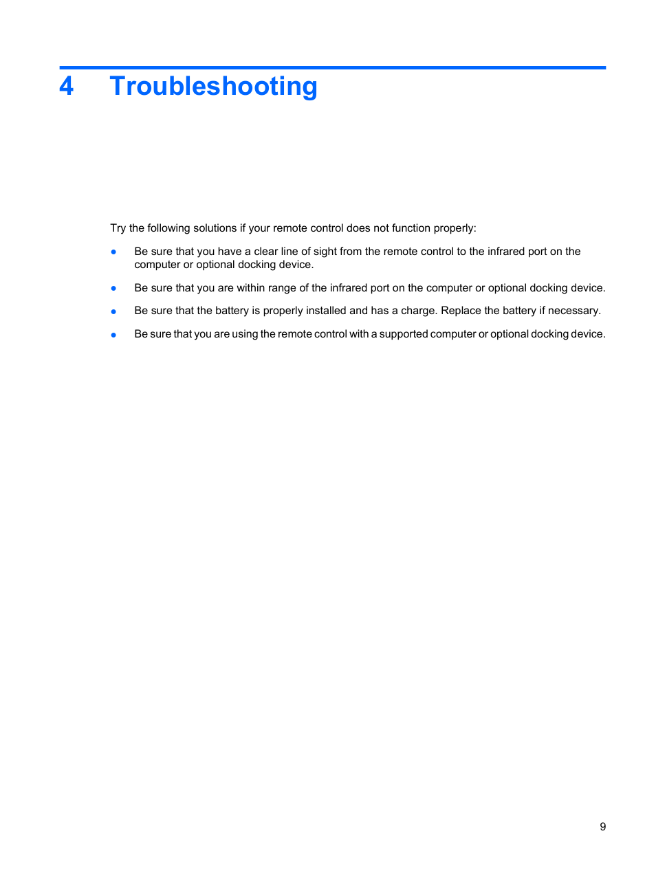 Troubleshooting, 4 troubleshooting, 4troubleshooting | HP Media Remote Control User Manual | Page 13 / 15