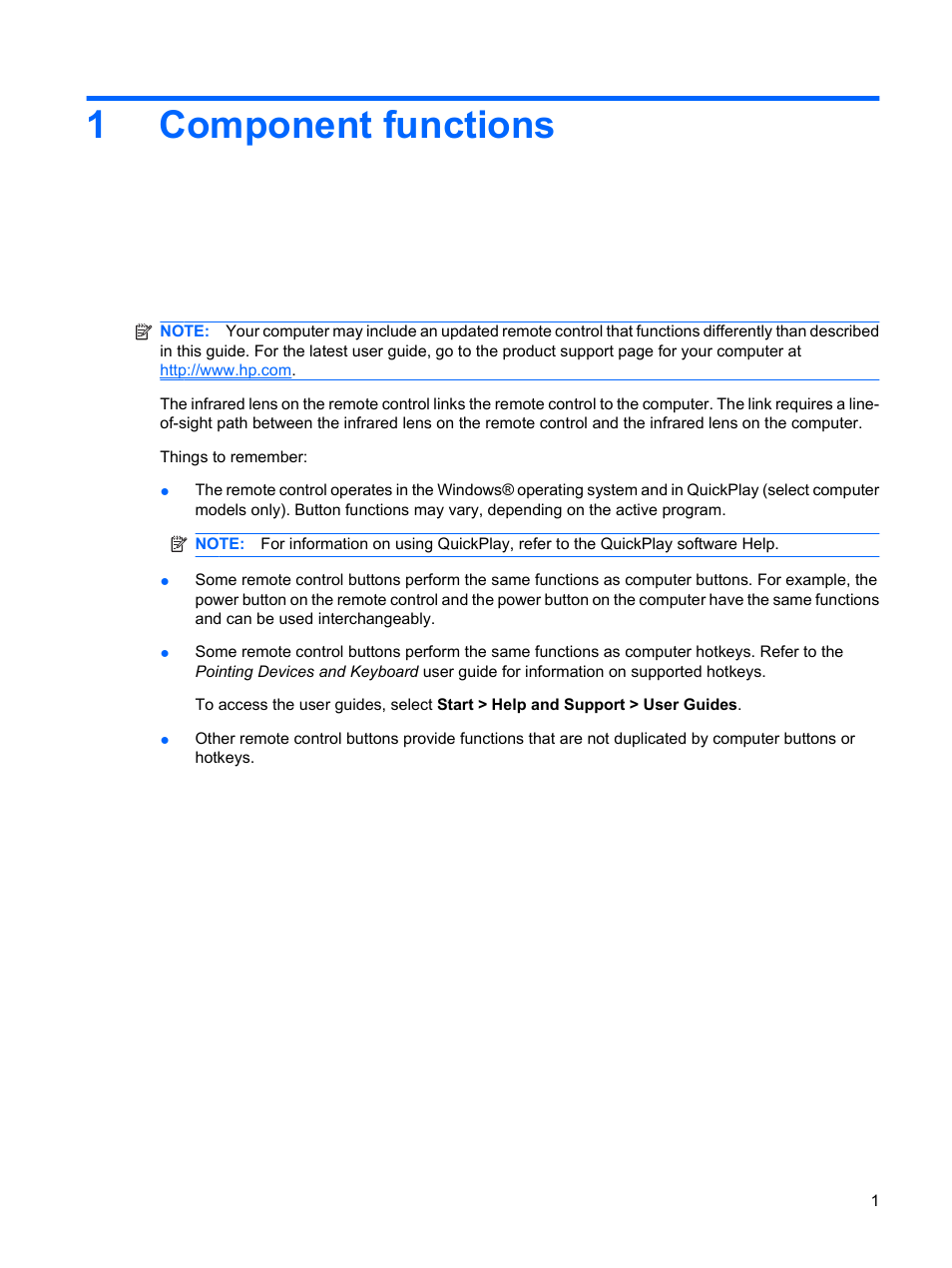 Component functions, 1 component functions, 1component functions | HP Media Remote Control User Manual | Page 5 / 15