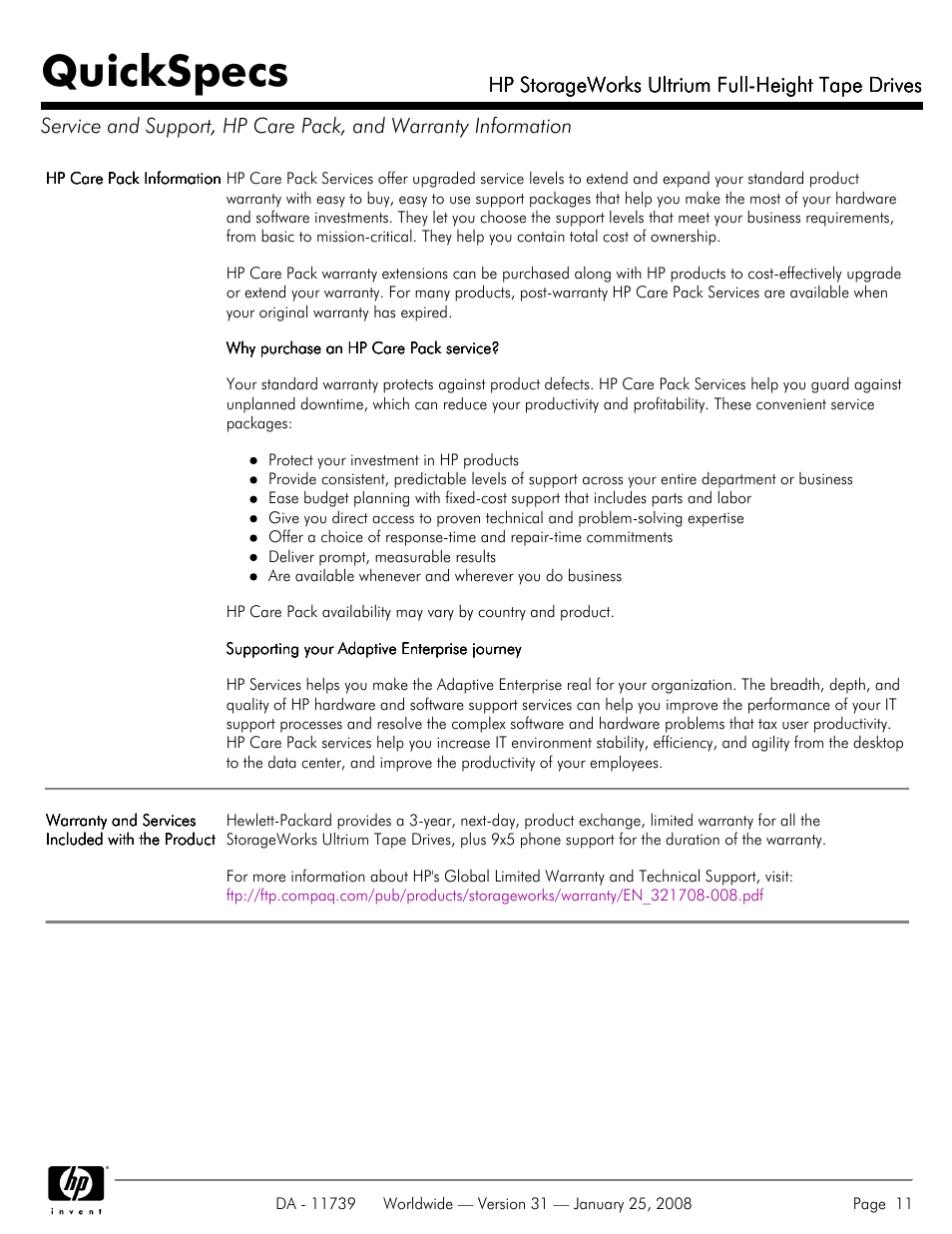 Quickspecs, Hp storageworks ultrium full-height tape drives | HP LTO-3 960 User Manual | Page 11 / 24