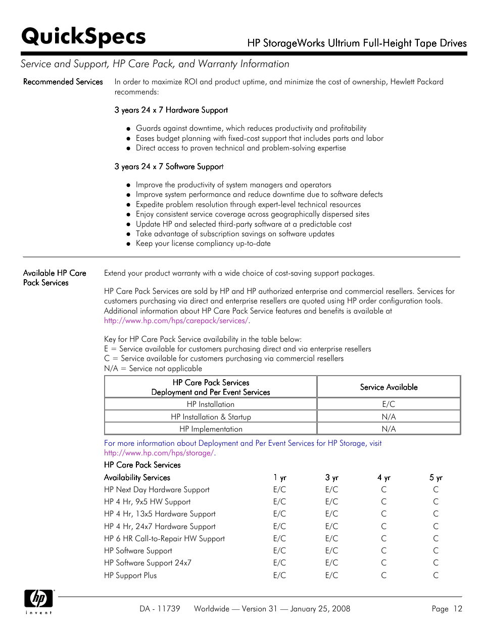 Quickspecs, Hp storageworks ultrium full-height tape drives | HP LTO-3 960 User Manual | Page 12 / 24