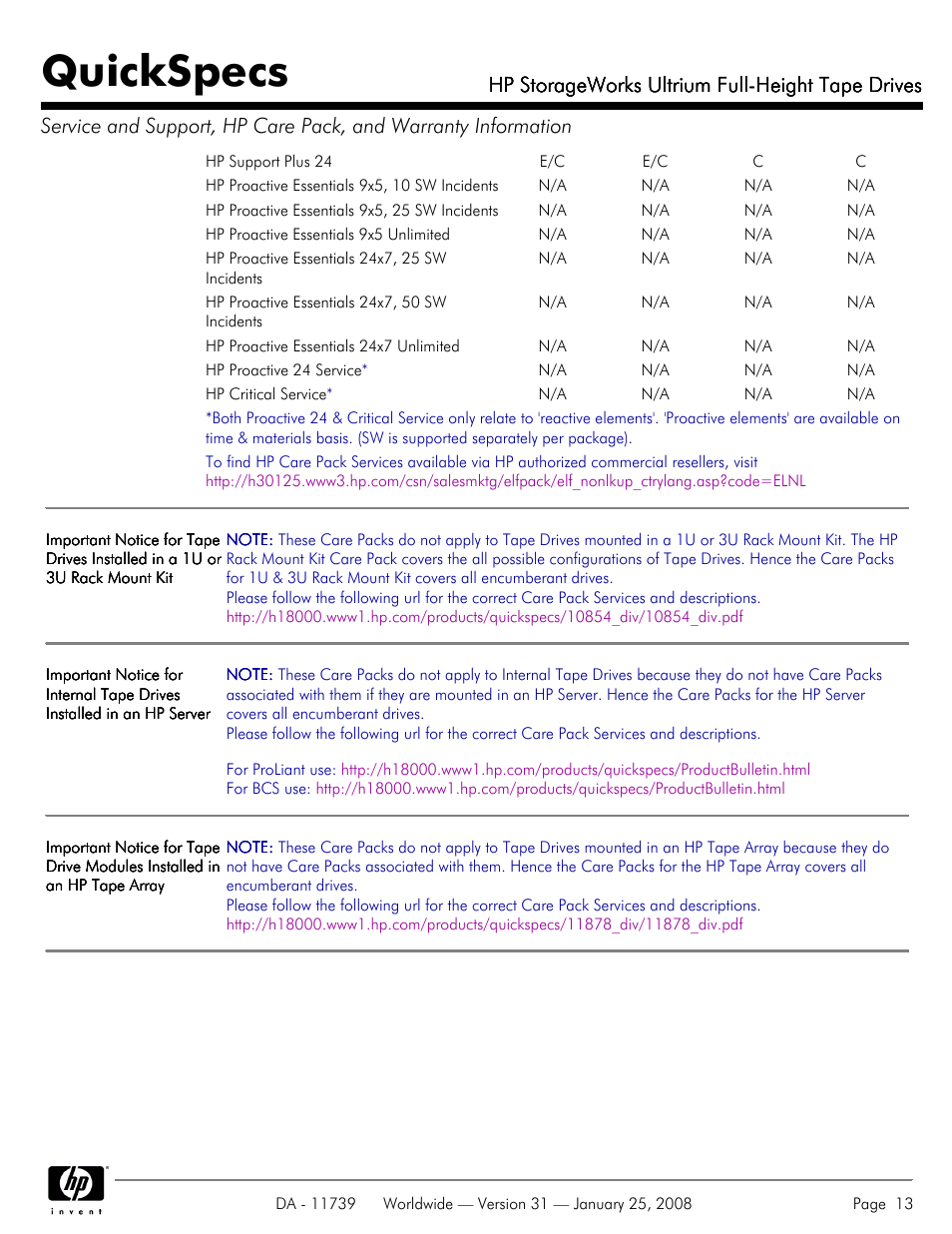 Quickspecs, Hp storageworks ultrium full-height tape drives | HP LTO-3 960 User Manual | Page 13 / 24