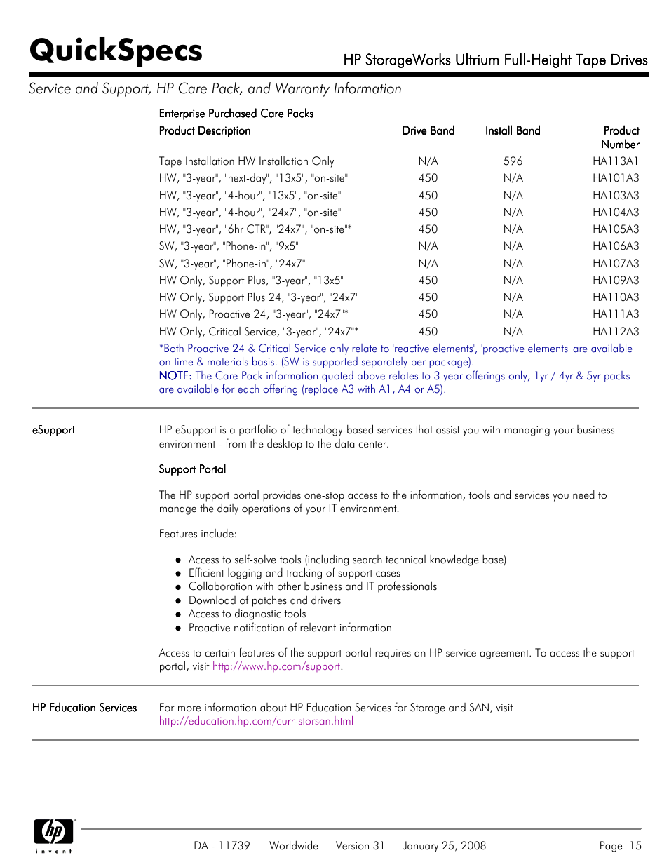 Quickspecs, Hp storageworks ultrium full-height tape drives | HP LTO-3 960 User Manual | Page 15 / 24