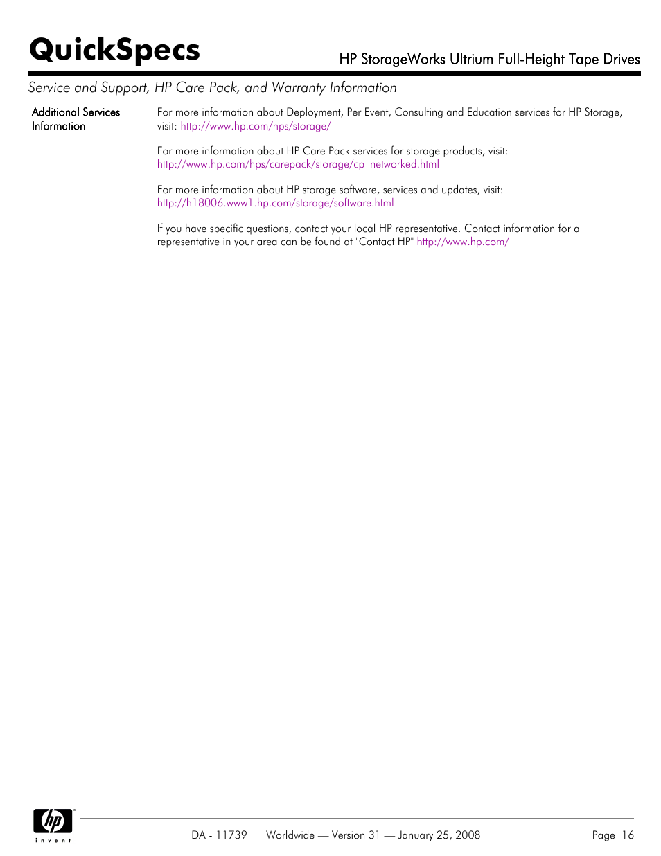 Quickspecs | HP LTO-3 960 User Manual | Page 16 / 24