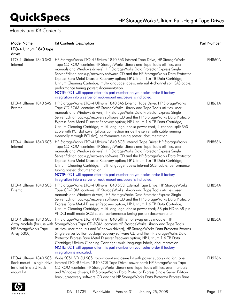 Models and kit contents, Quickspecs, Hp storageworks ultrium full-height tape drives | HP LTO-3 960 User Manual | Page 17 / 24