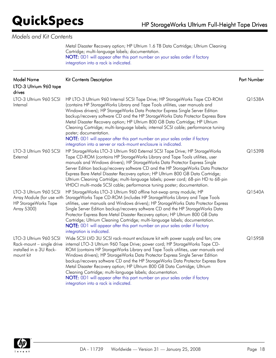 Quickspecs, Hp storageworks ultrium full-height tape drives | HP LTO-3 960 User Manual | Page 18 / 24