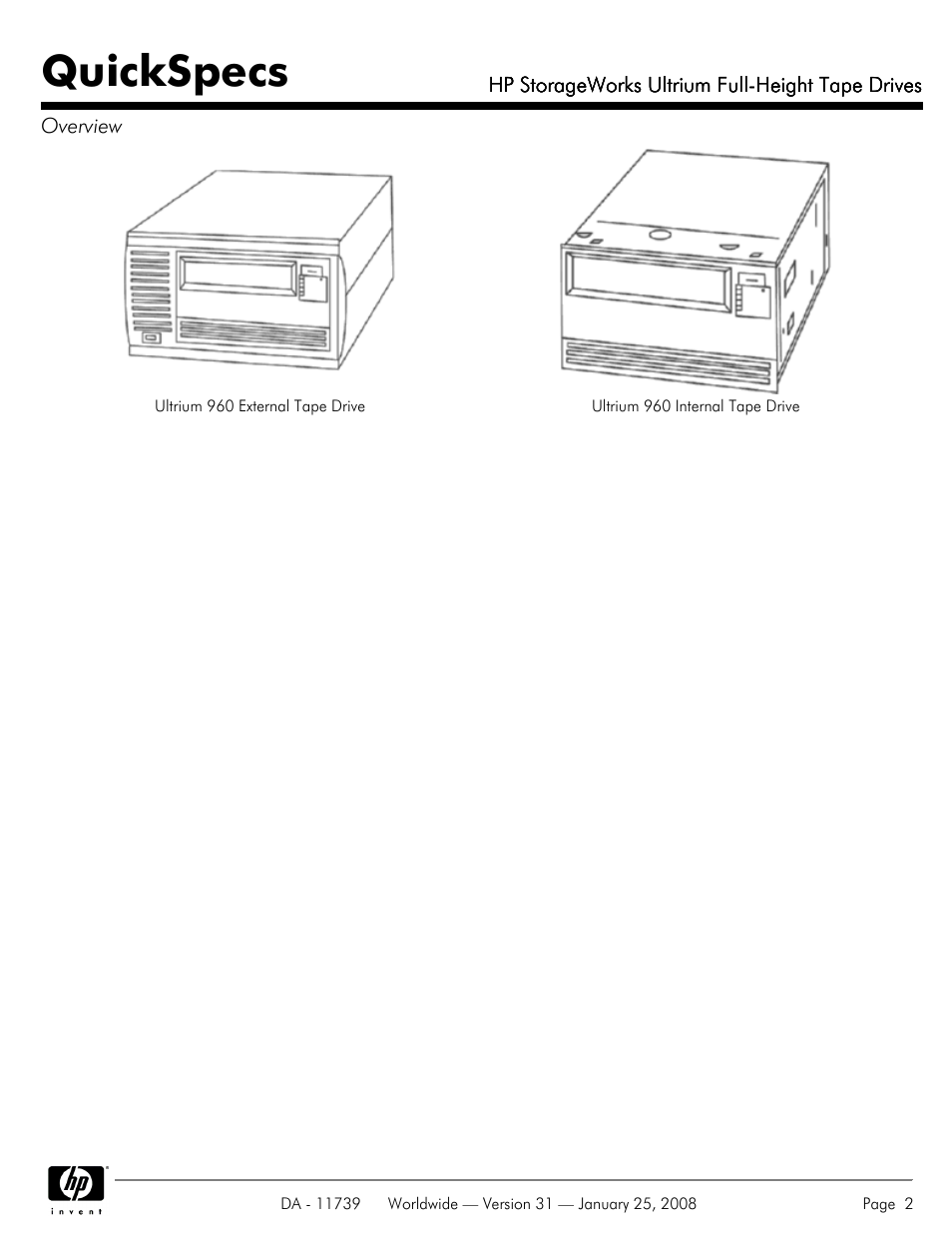 Quickspecs | HP LTO-3 960 User Manual | Page 2 / 24