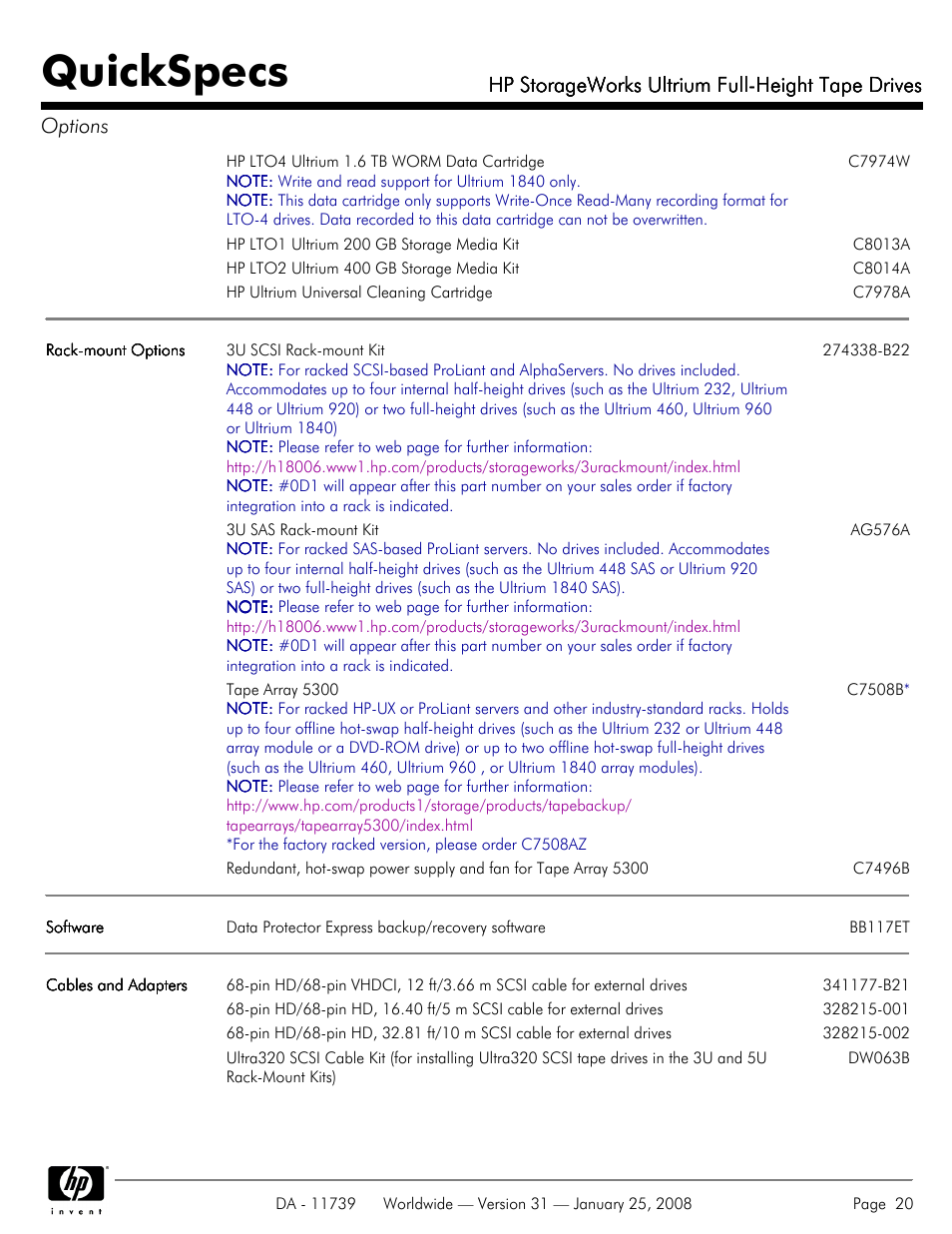 Quickspecs, Hp storageworks ultrium full-height tape drives | HP LTO-3 960 User Manual | Page 20 / 24