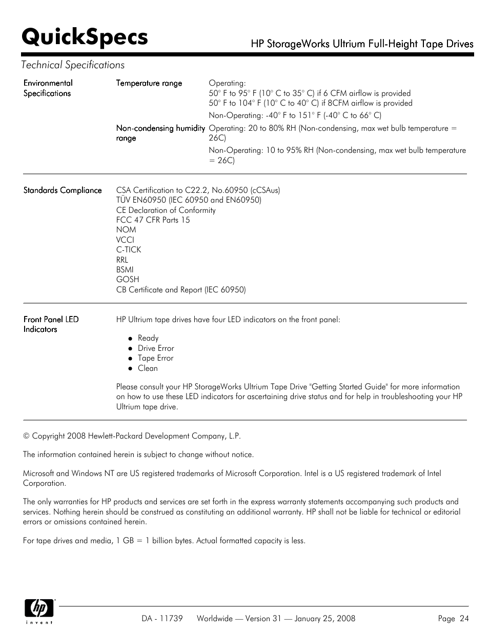 Quickspecs, Hp storageworks ultrium full-height tape drives | HP LTO-3 960 User Manual | Page 24 / 24