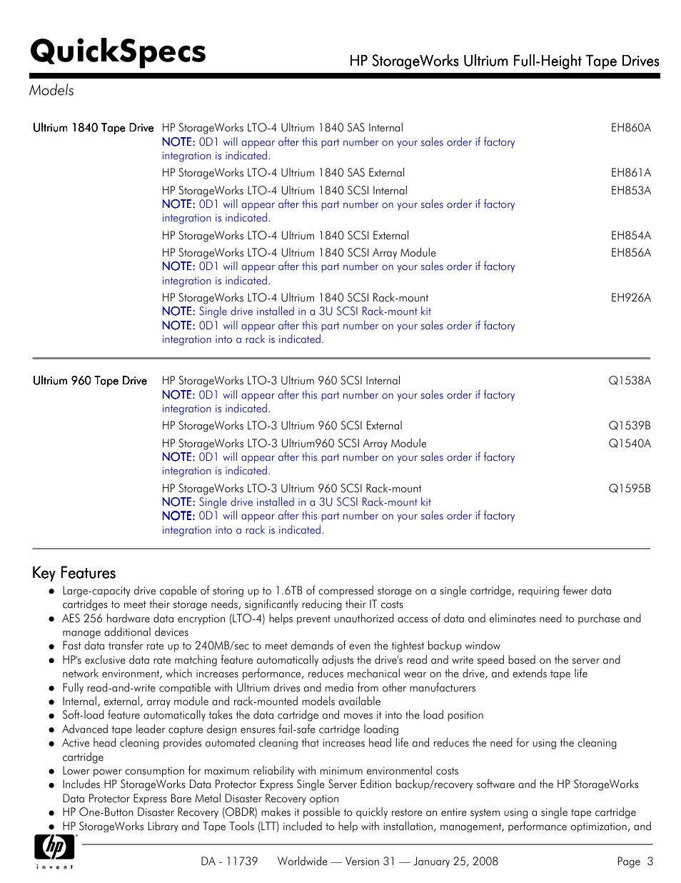 Models, Quickspecs, Key features | Hp storageworks ultrium full-height tape drives | HP LTO-3 960 User Manual | Page 3 / 24