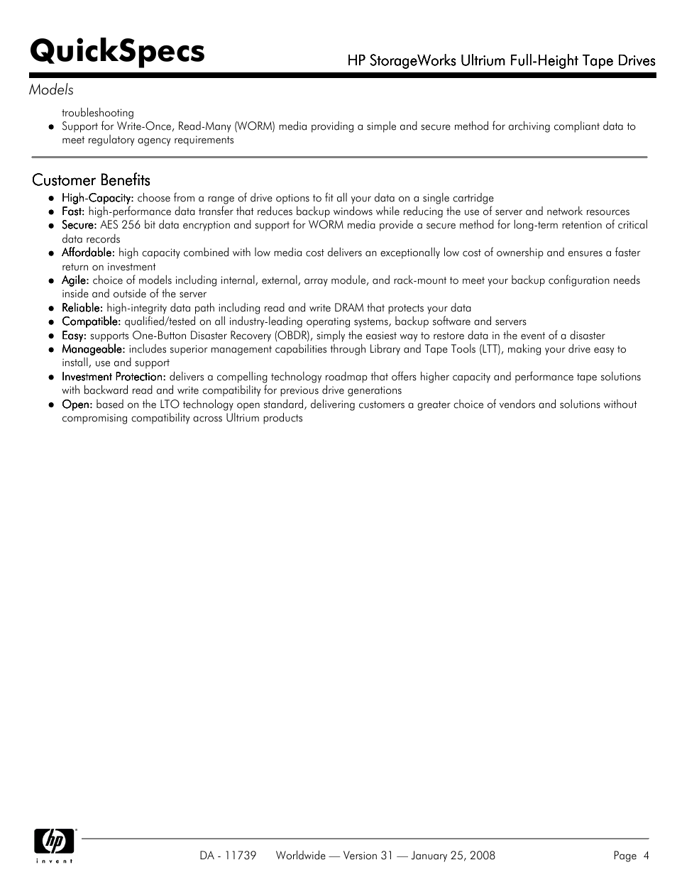 Quickspecs, Customer benefits | HP LTO-3 960 User Manual | Page 4 / 24