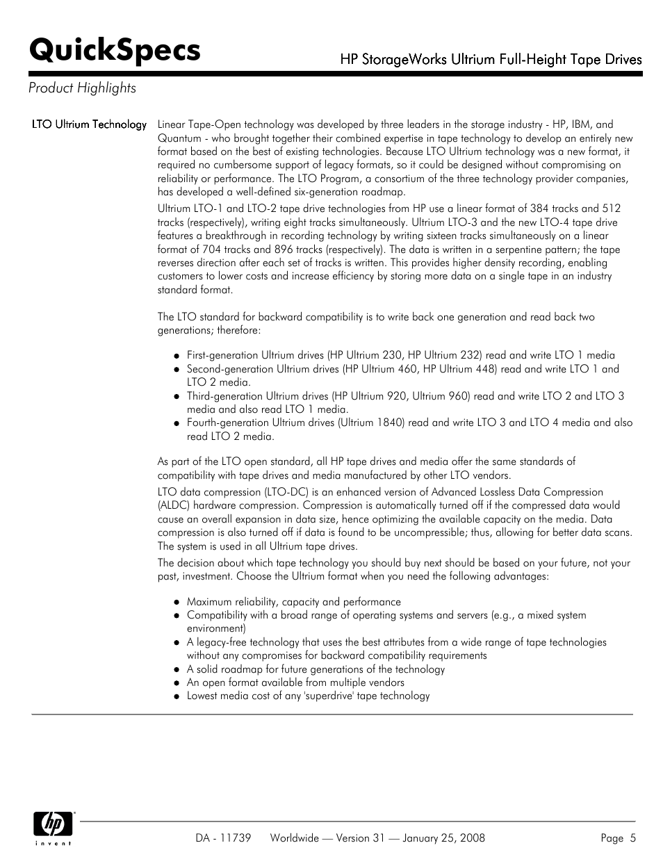 Product highlights, Quickspecs | HP LTO-3 960 User Manual | Page 5 / 24