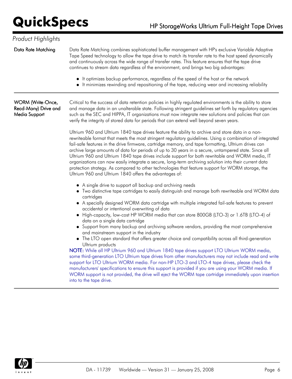 Quickspecs | HP LTO-3 960 User Manual | Page 6 / 24