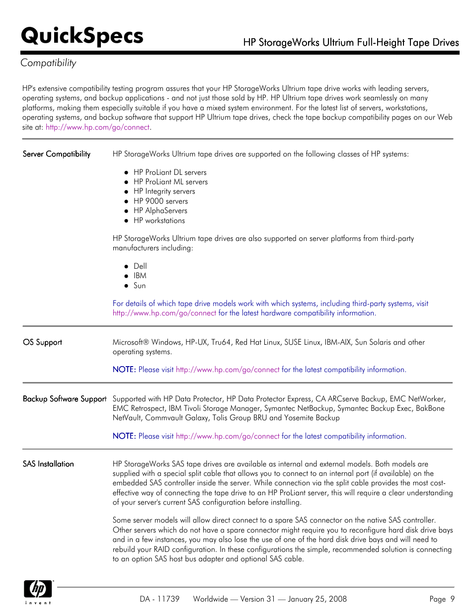 Compatibility, Quickspecs, Hp storageworks ultrium full-height tape drives | HP LTO-3 960 User Manual | Page 9 / 24