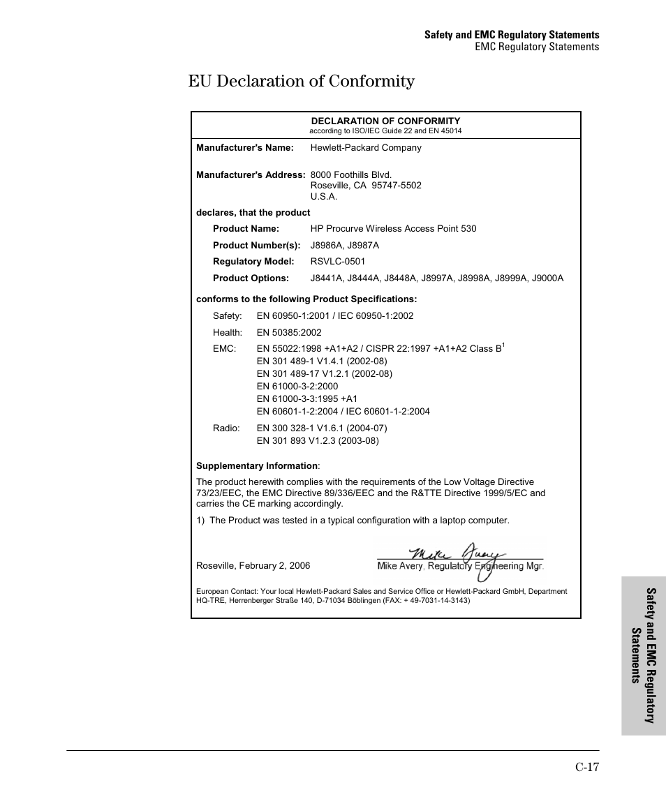 Eu declaration of conformity, C-17, Safet y and emc regu lat ory st atem ent s | HP PROCURVE 530 User Manual | Page 101 / 114