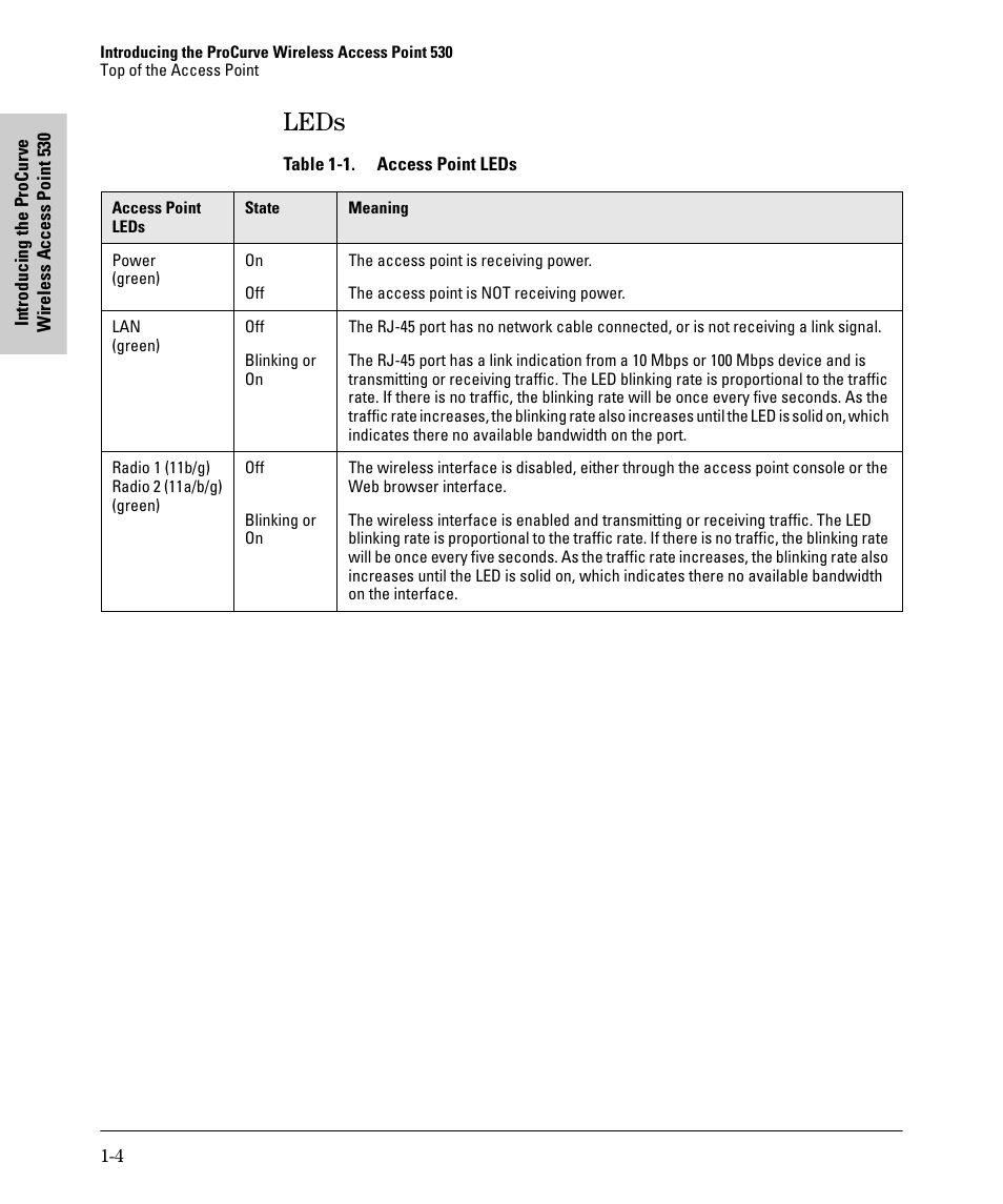 Leds, Leds -4 | HP PROCURVE 530 User Manual | Page 12 / 114