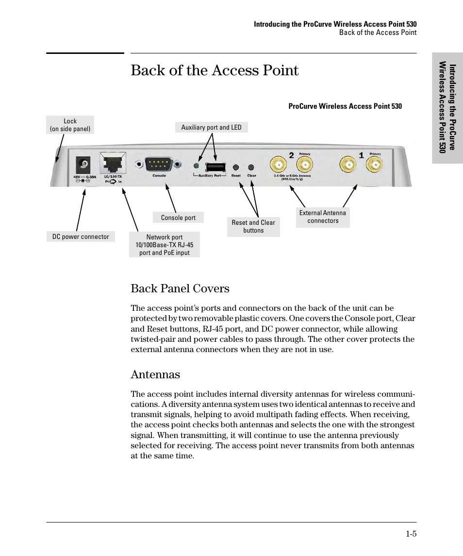 Back of the access point, Back panel covers, Antennas | Back panel covers -5, Antennas -5 | HP PROCURVE 530 User Manual | Page 13 / 114