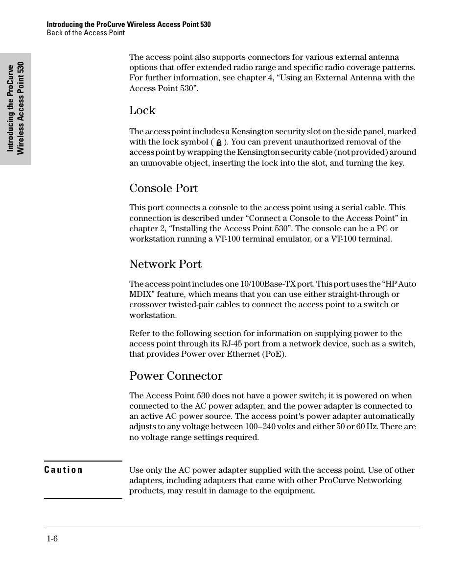 Console port, Network port, Power connector | Console port -6, Network port -6, Power connector -6, Lock | HP PROCURVE 530 User Manual | Page 14 / 114