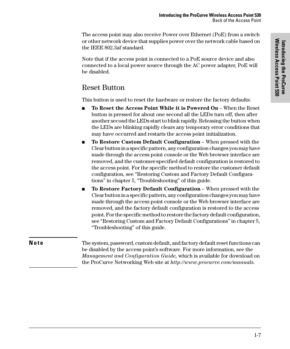 Reset button, Reset button -7 | HP PROCURVE 530 User Manual | Page 15 / 114