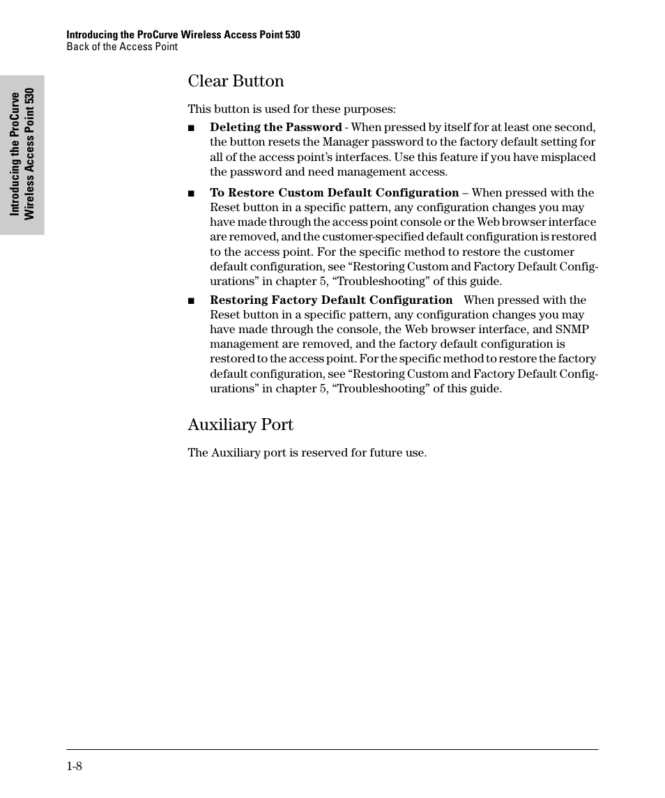Clear button, Auxiliary port, Clear button -8 | Auxiliary port -8 | HP PROCURVE 530 User Manual | Page 16 / 114