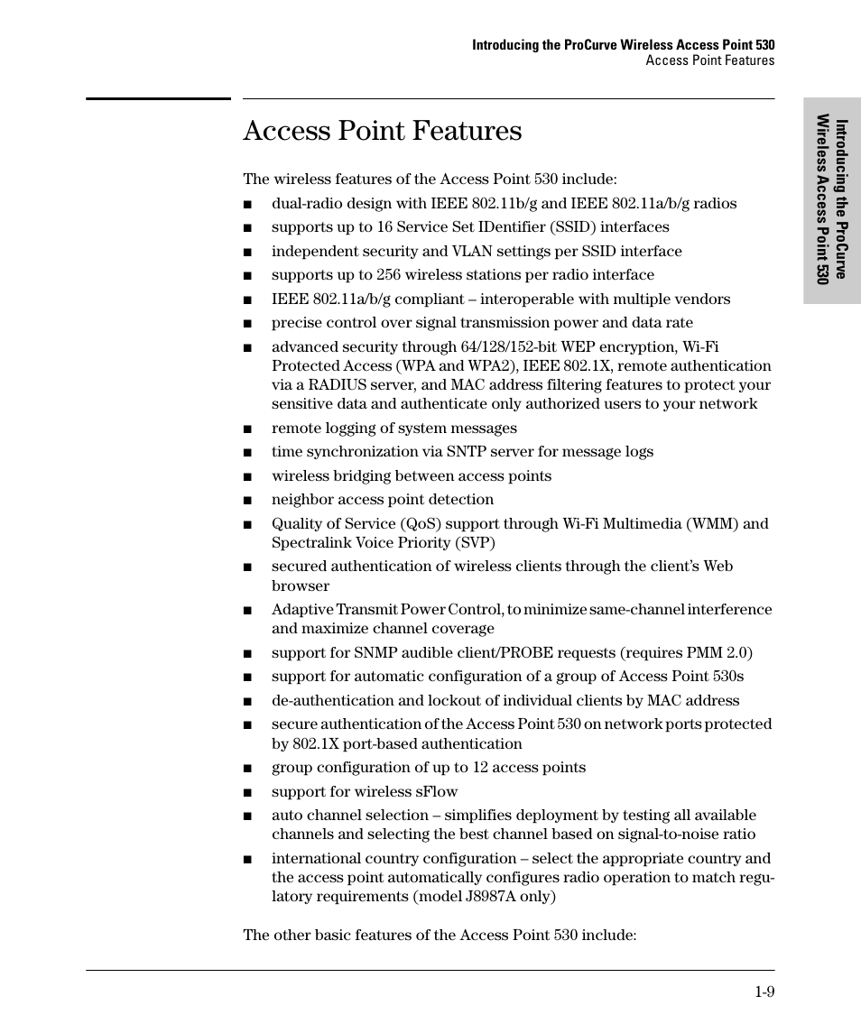 Access point features | HP PROCURVE 530 User Manual | Page 17 / 114