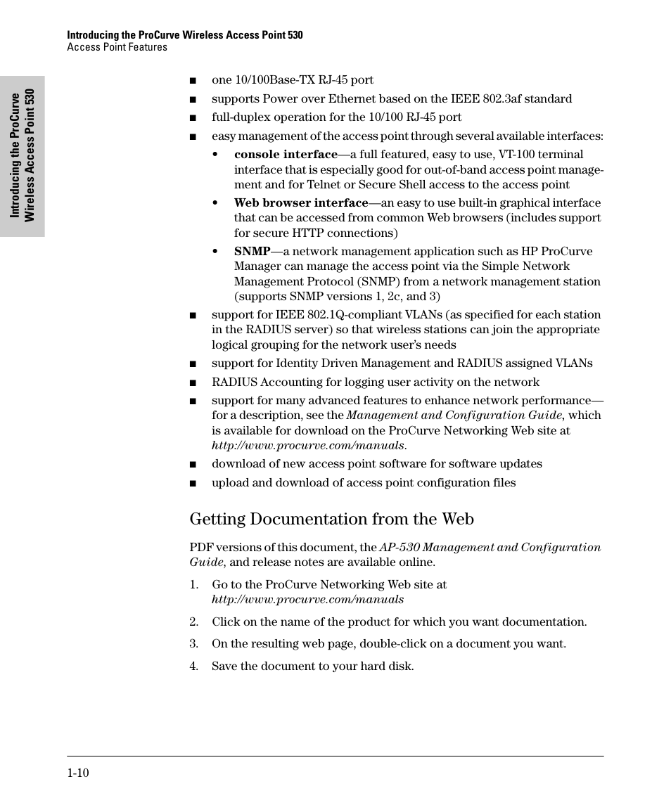 Getting documentation from the web, Getting documentation from the web -10 | HP PROCURVE 530 User Manual | Page 18 / 114
